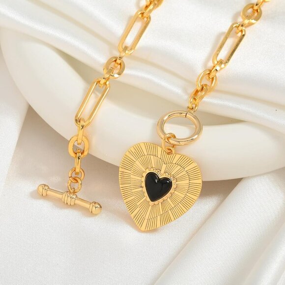 Chunky Heart Necklace Sunburst Heart Pendant Necklace Vintage Statement Necklace - Picture 4 of 7